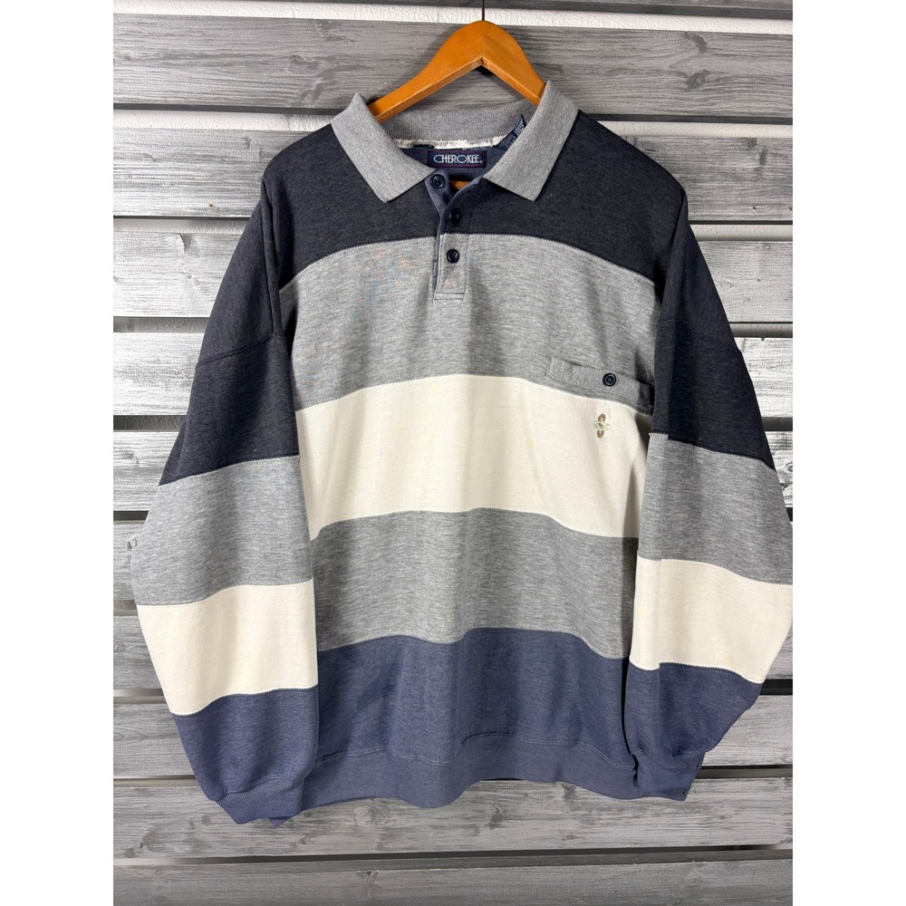 Cherokee Vintage Mens XL Striped Long Sleeve Polo Rugby Sweatshirt distressed